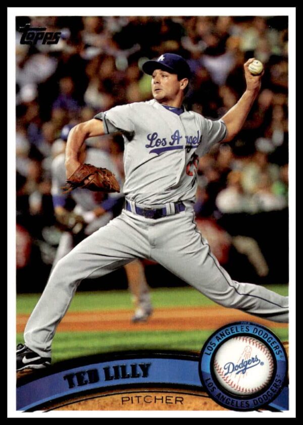 Ted Lilly 2011 Topps Baseball Card: Dodgers Uniform, Mid-Pitch Action.