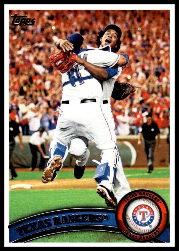 2011 Topps Texas Rangers baseball card featuring player action shot, card #543.