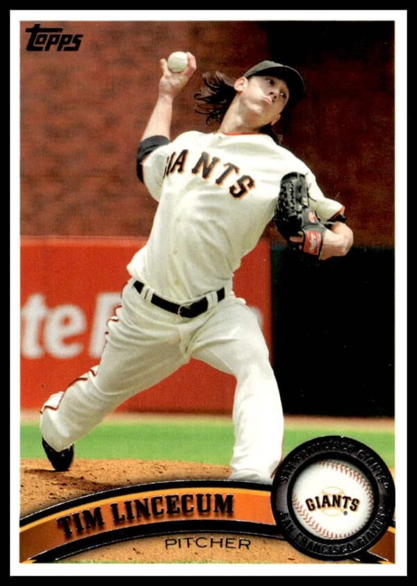 Tim Lincecum pitching, 2011 Topps baseball card #590, San Francisco Giants uniform.