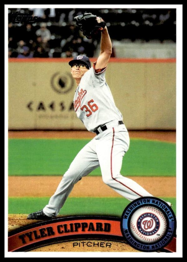 Tyler Clippard 2011 Topps card, #74, shows him pitching for Washington Nationals.