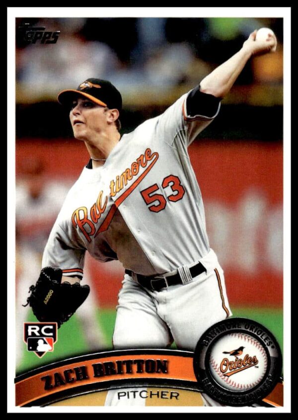 Zach Britton 2011 Topps Rookie Card #418, Orioles Uniform, Mid-Pitch Action.