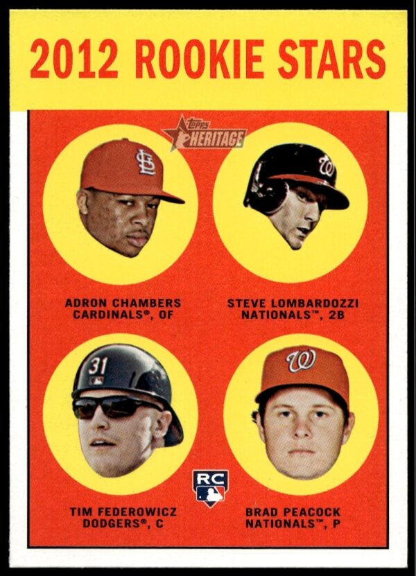 2012 Topps Heritage Baseball Card featuring Chambers, Lombardozzi, Federowicz, Peacock in action