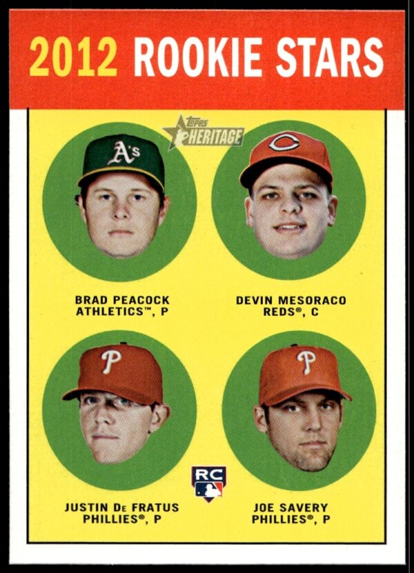 2012 Topps Heritage baseball card with Brad Peacock, Devin Mesoraco, Justin De Fratus, Joe Savery.