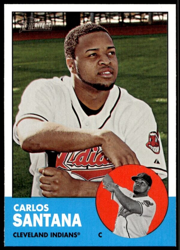 Carlos Santana 2012 Topps Heritage baseball card, Cleveland Indians, card #72, vintage style.