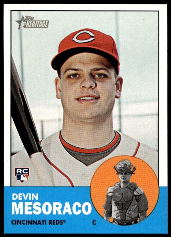Front of 2012 Topps Heritage Devin Mesoraco baseball card, Cincinnati Reds, card #178.