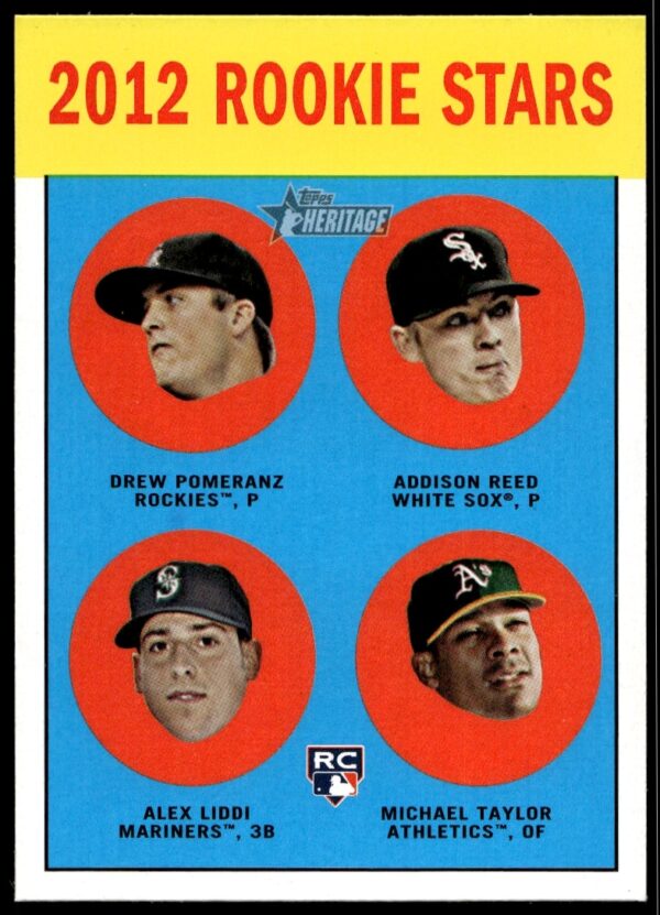 2012 Topps Heritage Baseball Card #253 with Pomeranz, Reed, Liddi, Taylor, vintage style.