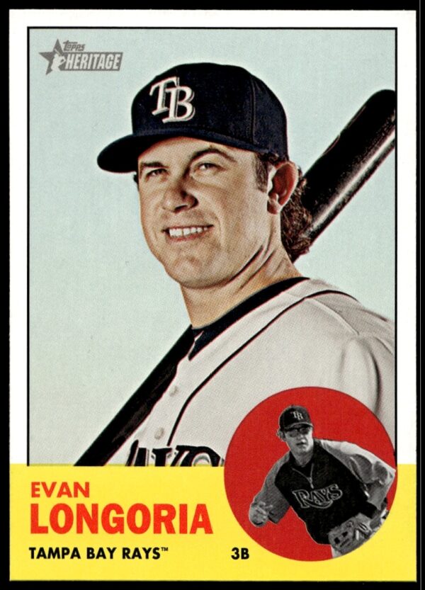 Vintage-style 2012 Topps Heritage card showcasing Evan Longoria in Tampa Bay Rays uniform.