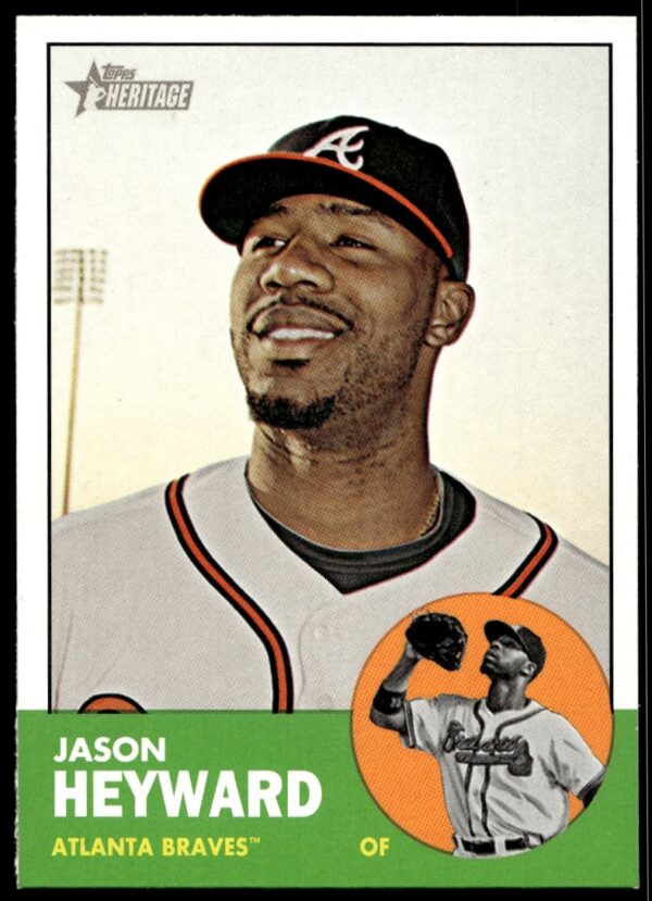 Front of 2012 Topps Heritage Jason Heyward card #390, featuring classic Braves portrait.