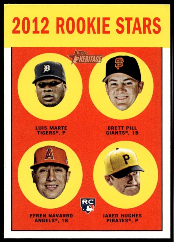 2012 Topps Heritage card with rookies Luis Marte, Brett Pill, Efren Navarro, Jared Hughes.