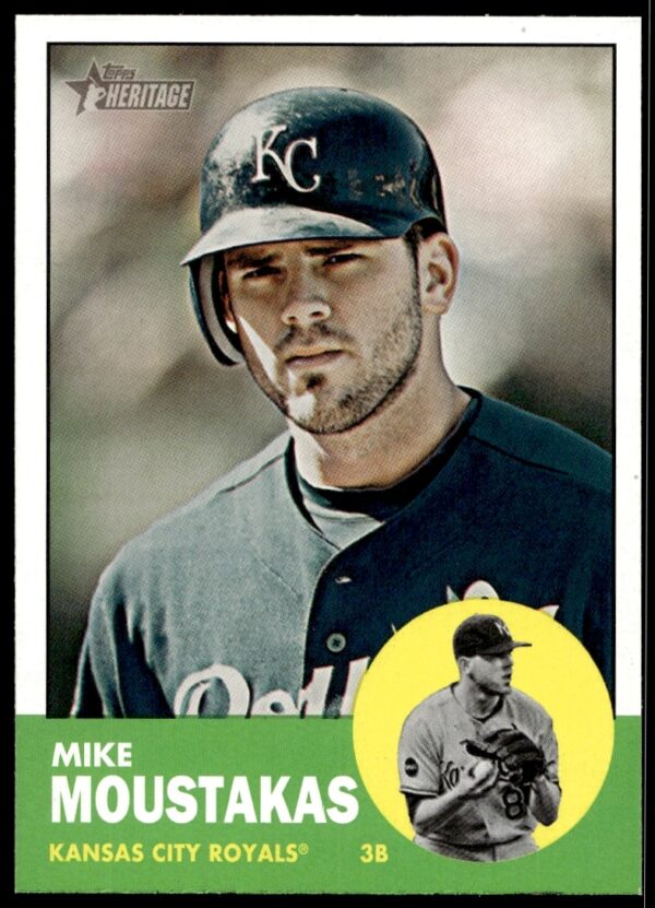 Mike Moustakas 2012 Topps Heritage card, #17, classic pose in team uniform.