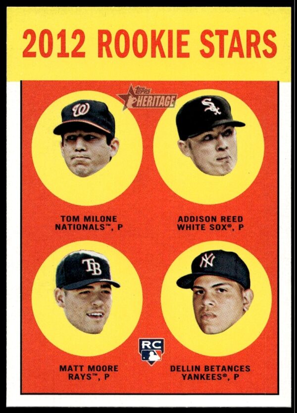 2012 Topps Heritage card #286 of Milone, Reed, Moore, Betances pitchers.