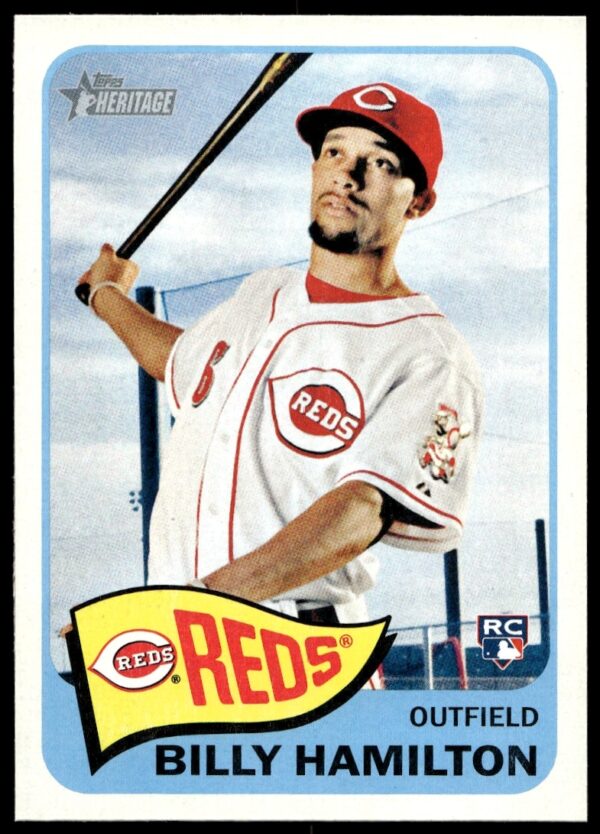 2014 Topps Heritage Billy Hamilton card, Cincinnati Reds, #H525, featuring batting stance, retro design.