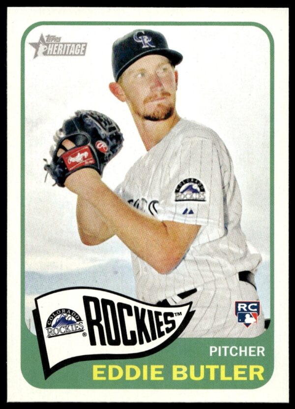 Front of 2014 Topps Heritage Eddie Butler baseball card #H523 in Rockies uniform.