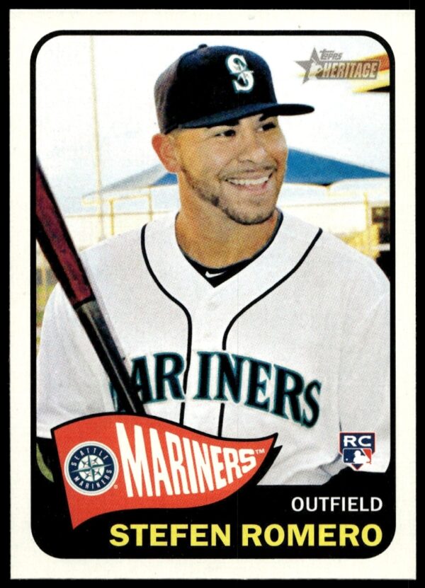 Front of Stefen Romeros 2014 Topps Heritage Card #H597, Seattle Mariners uniform.