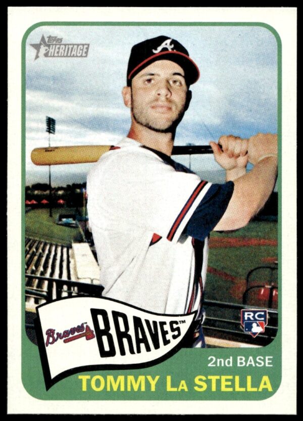 2014 Topps Heritage Tommy La Stella #H511 in Braves uniform, capturing baseball nostalgia.