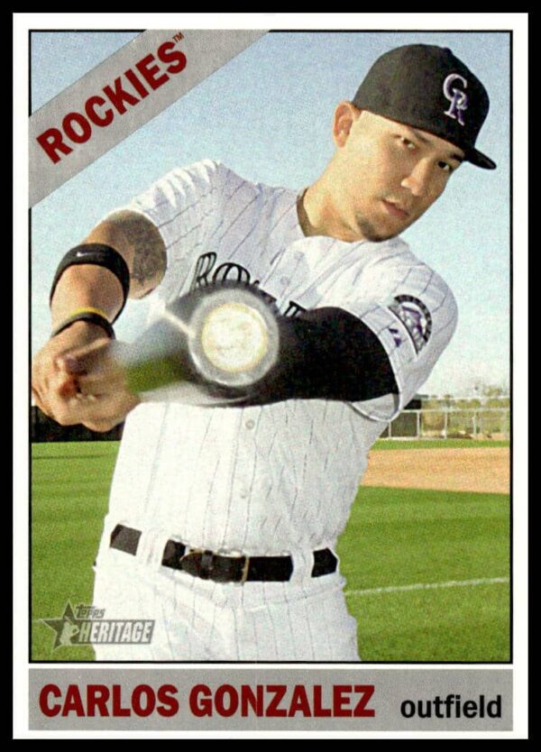 2015 Topps Heritage Carlos Gonzalez Baseball Card #439, depicting Rockies star outfielder.