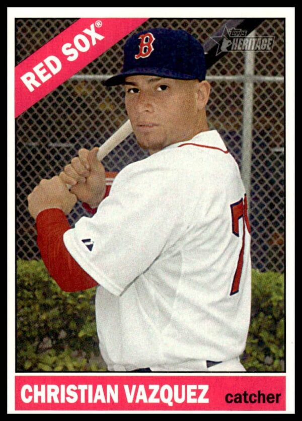 2015 Topps Heritage Christian Vazquez, Boston Red Sox catcher card #391, 1966 design.