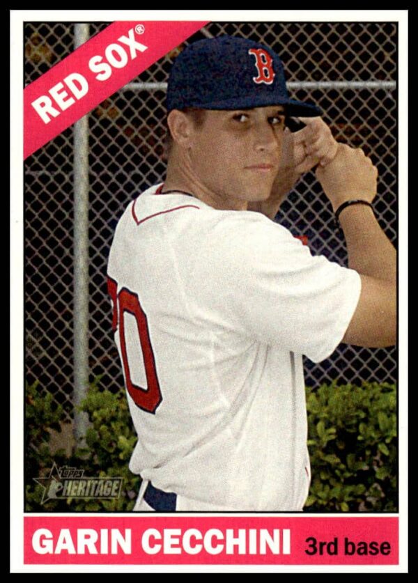 2015 Topps Heritage Garin Cecchini card, Boston Red Sox portrait, retro style.
