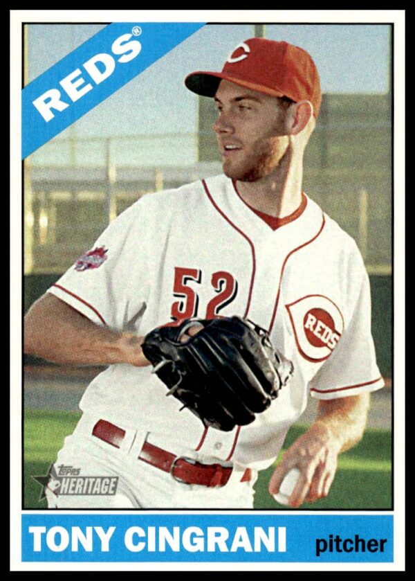 Tony Cingrani 2015 Topps Heritage Card #627, Cincinnati Reds Uniform, Mid-Pitch.