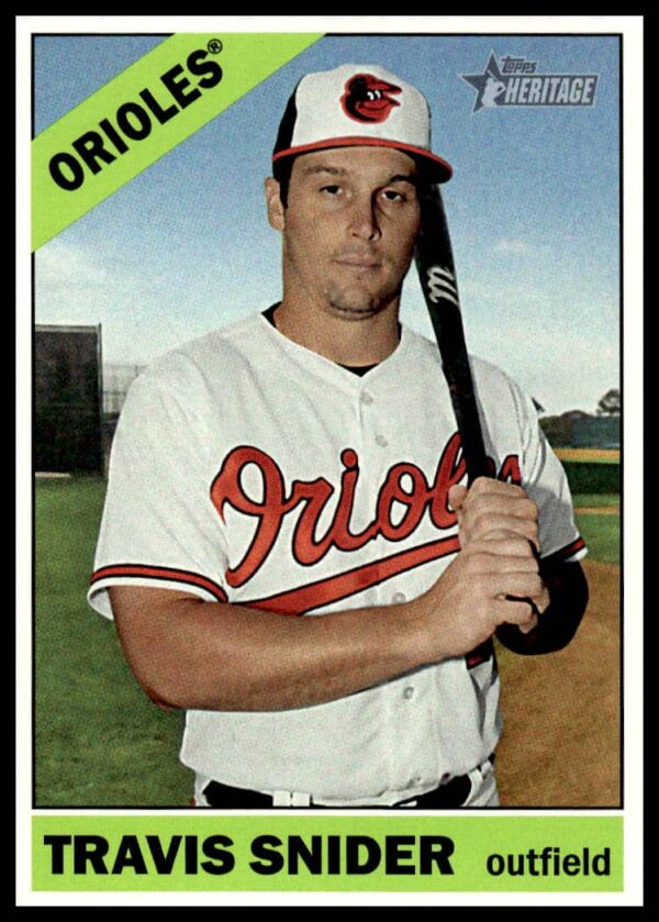 Travis Snider 2015 Topps Heritage Baseball Card #598, featuring retro design and batting pose.