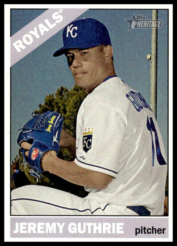2015 Topps Heritage Jeremy Guthrie card #48, Royals uniform, classic baseball memorabilia.