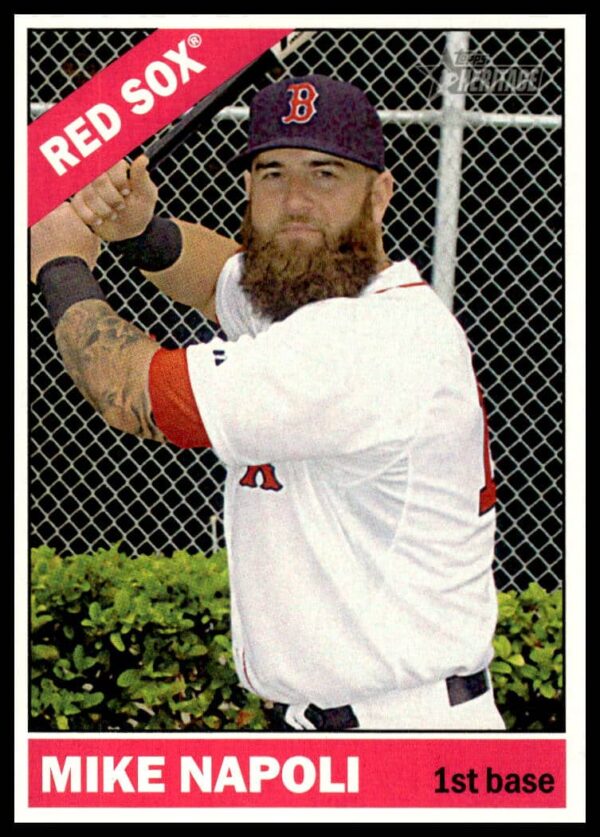 Front view of 2015 Topps Heritage Mike Napoli #281 card in a Texas Rangers uniform.