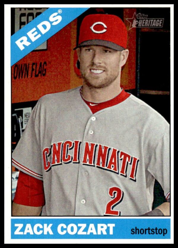 2015 Topps Heritage baseball card featuring Zack Cozart in classic batting pose, card #370.
