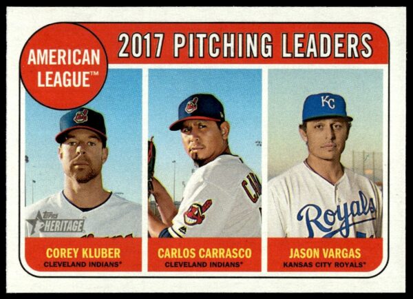 2018 Topps Heritage card of 2017 AL Pitching Leaders: Kluber, Carrasco, Vargas.