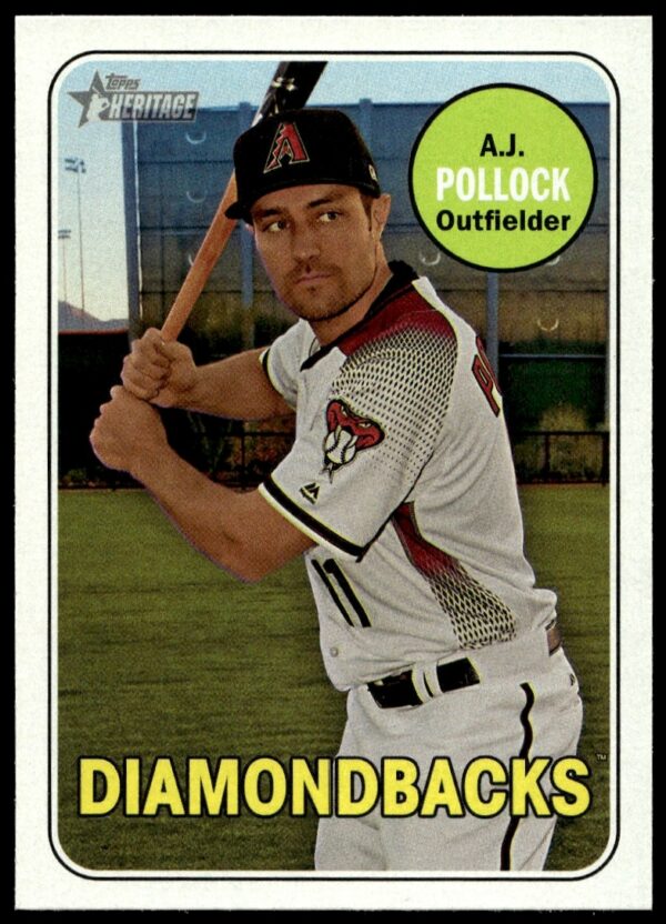 A.J. Pollock 2018 Topps Heritage card #143 in classic Diamondbacks uniform.