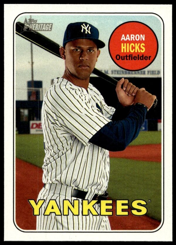 2018 Topps Heritage Aaron Hicks Baseball Card #138, Yankees Outfielder, Vintage Design.