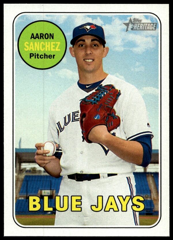 Aaron Sanchez 2018 Topps Heritage card, retro design, baseball memorabilia.