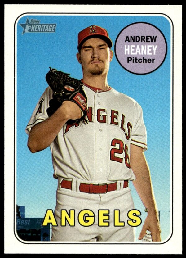 2018 Topps Heritage Andrew Heaney card, Los Angeles Angels uniform, vintage design.