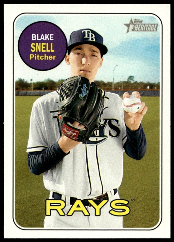 Blake Snell 2018 Topps Heritage baseball card front with vintage design, Tampa Bay Rays uniform.