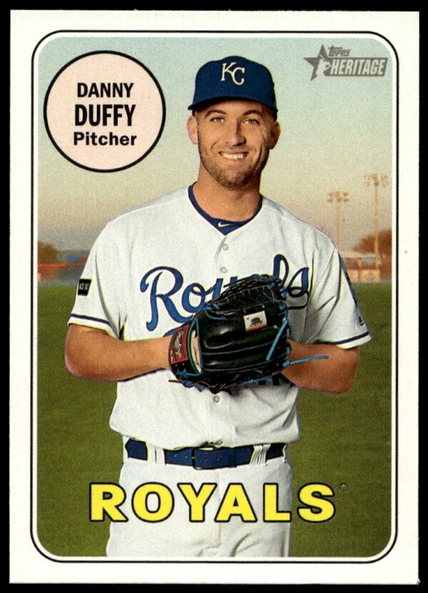 Image of 2018 Topps Heritage Danny Duffy #142 card front, showcasing classic baseball design.