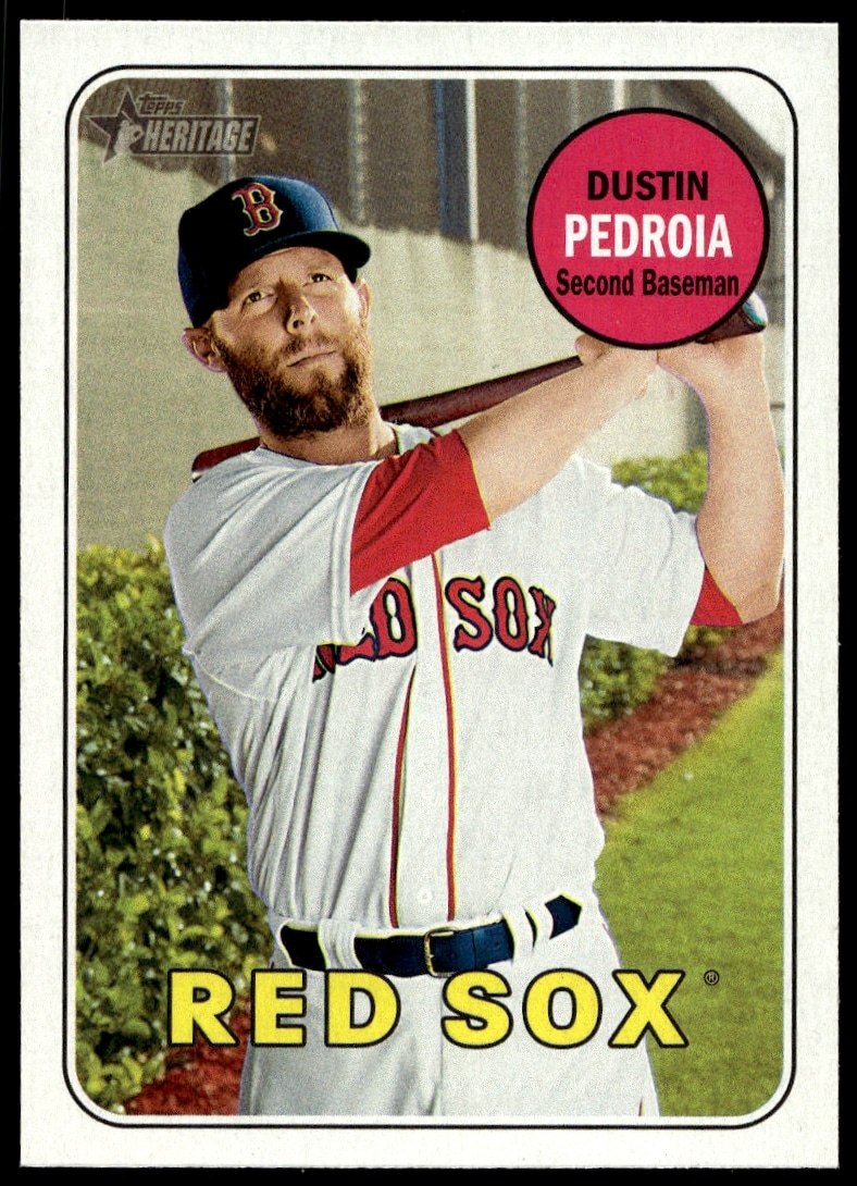 2018 Topps Heritage baseball card featuring Dustin Pedroia in Red Sox uniform, card #349.