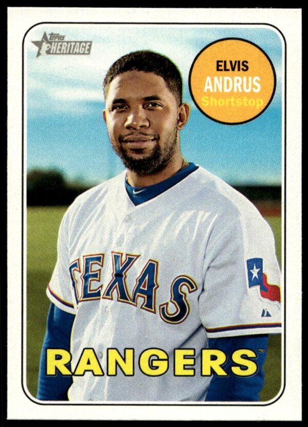 Elvis Andrus 2018 Topps Heritage Card #153 in Texas Rangers uniform, iconic vintage style.