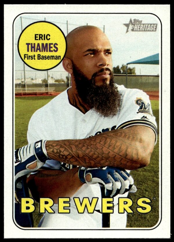 Eric Thames 2018 Topps Heritage Baseball Card #62, Milwaukee Brewers Uniform.