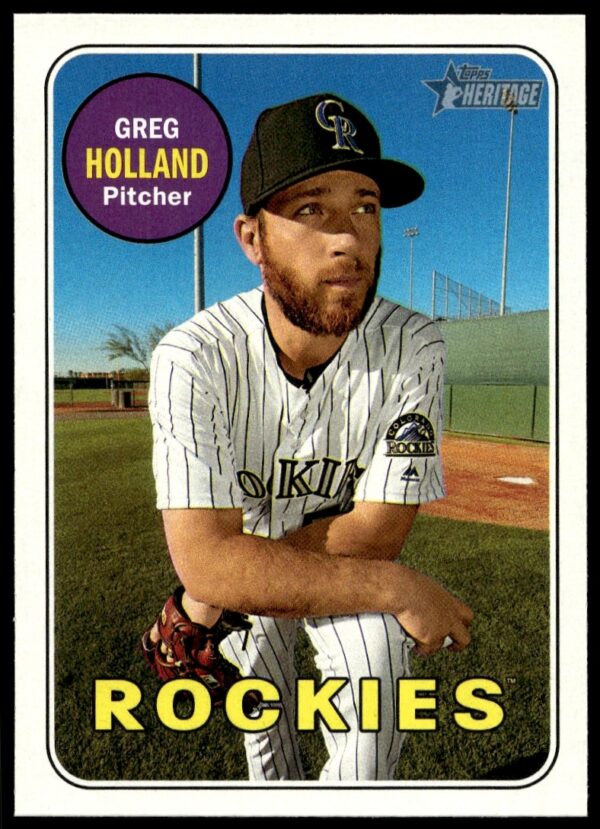 Front view of 2018 Topps Heritage Greg Holland baseball card, #76, with vintage team design.