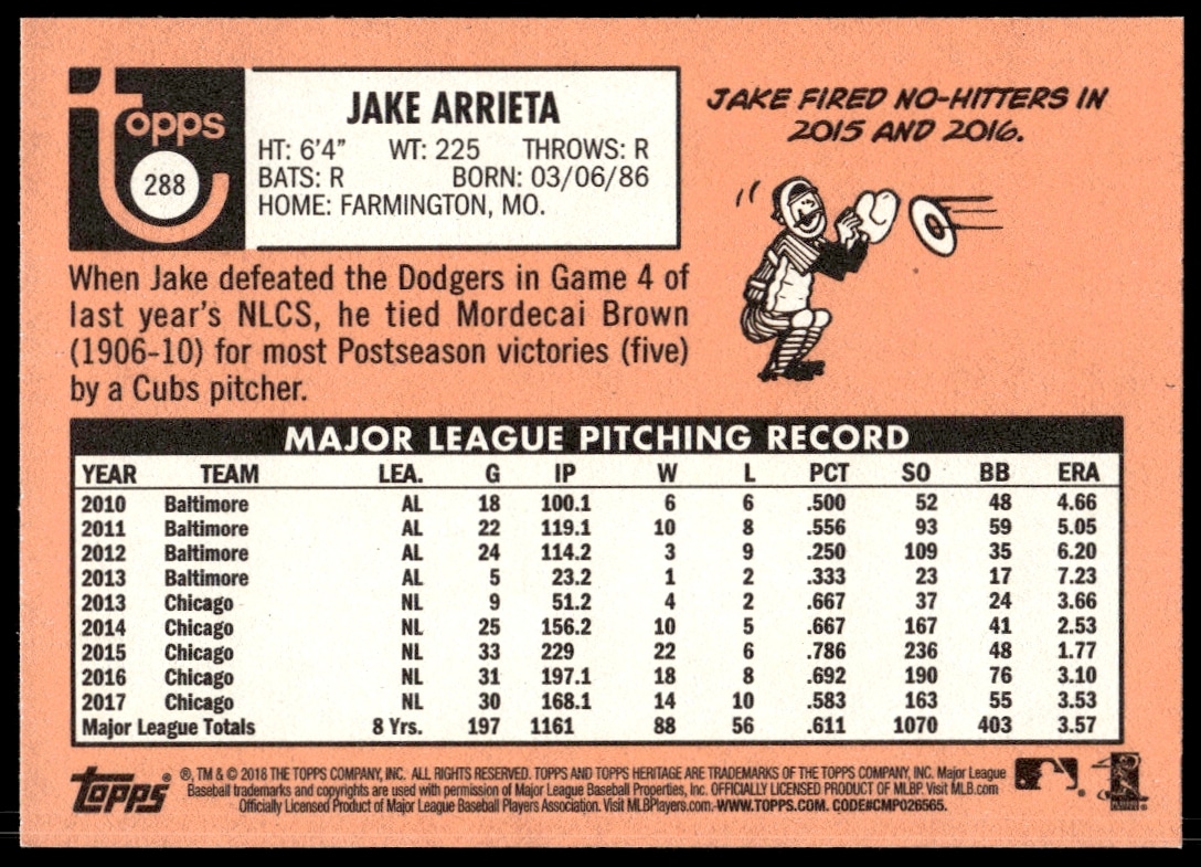 Back of 2018 Topps Heritage card #288, featuring Jake Arrietas stats and biography.
