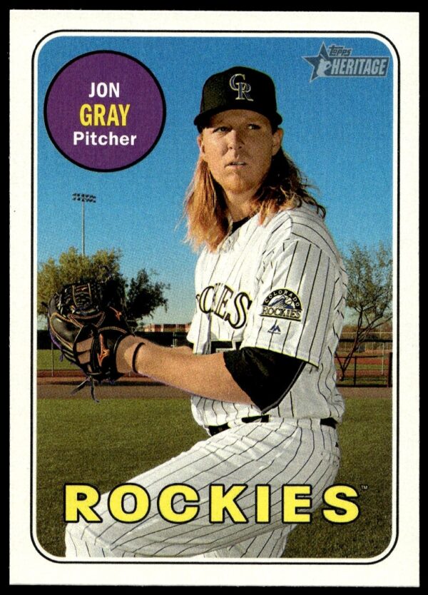 Jon Gray 2018 Topps Heritage card, Rockies uniform, baseball stance, retro backdrop, #274 Front.