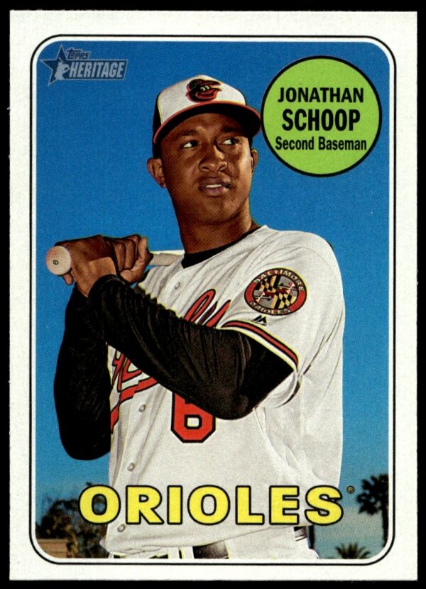 Jonathan Schoop 2018 Topps Heritage Baseball Card #75, vintage design, MLB player with bat.