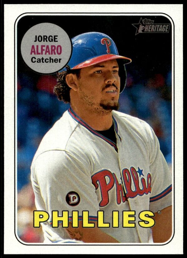 Jorge Alfaro 2018 Topps Heritage card #352, Phillies uniform, dynamic action pose.
