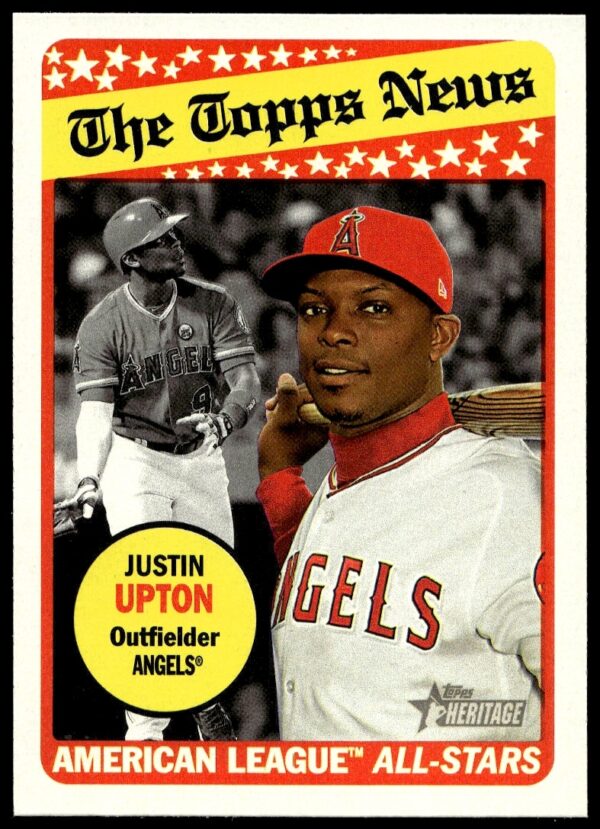 2018 Topps Heritage Card #103: Justin Upton in Angels Uniform, Iconic Design.