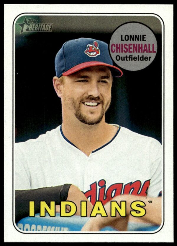 2018 Topps Heritage card front featuring Lonnie Chisenhall #481 in vintage baseball design.