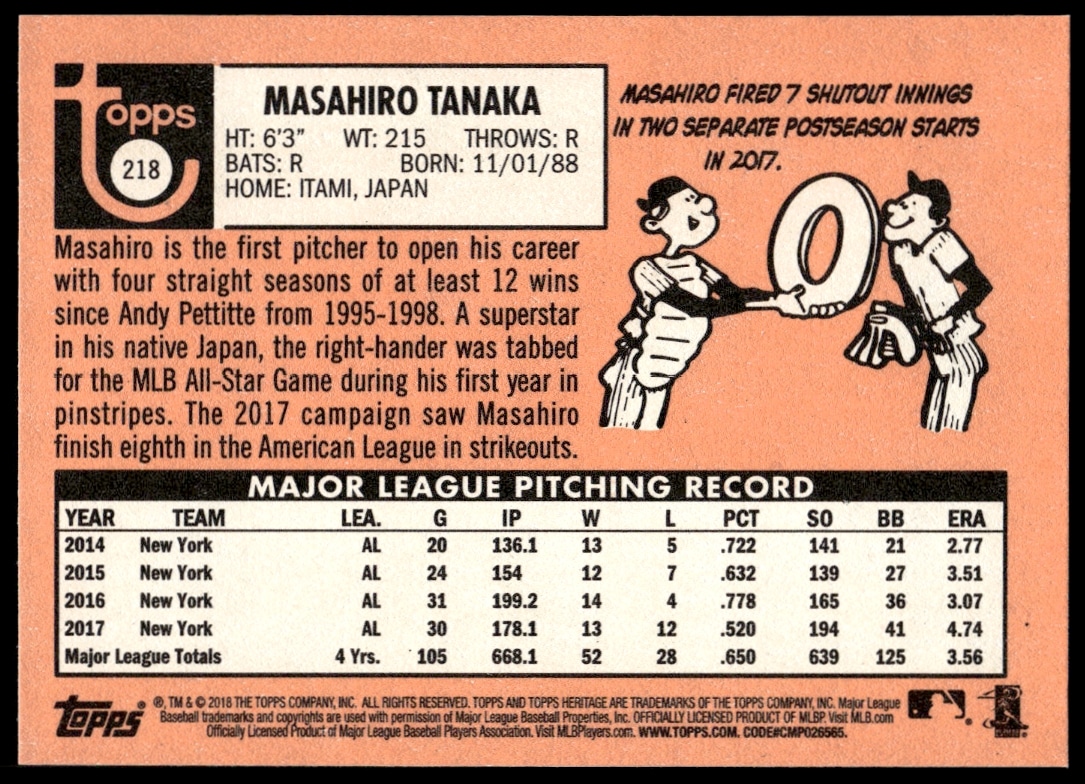 Back of 2018 Topps Heritage Masahiro Tanaka #218 card featuring stats and biography.