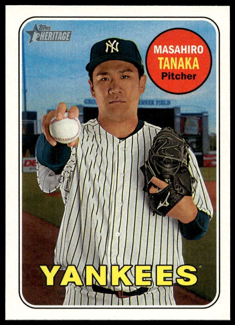 2018 Topps Heritage card: Masahiro Tanaka pitching for Yankees, retro design, #218.