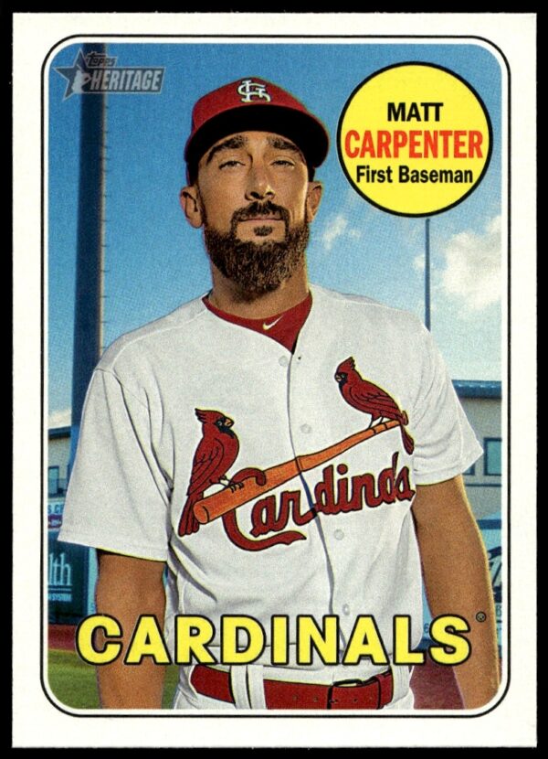 Matt Carpenter 2018 Topps Heritage Baseball Card: Vintage Style, St. Louis Cardinals Uniform.
