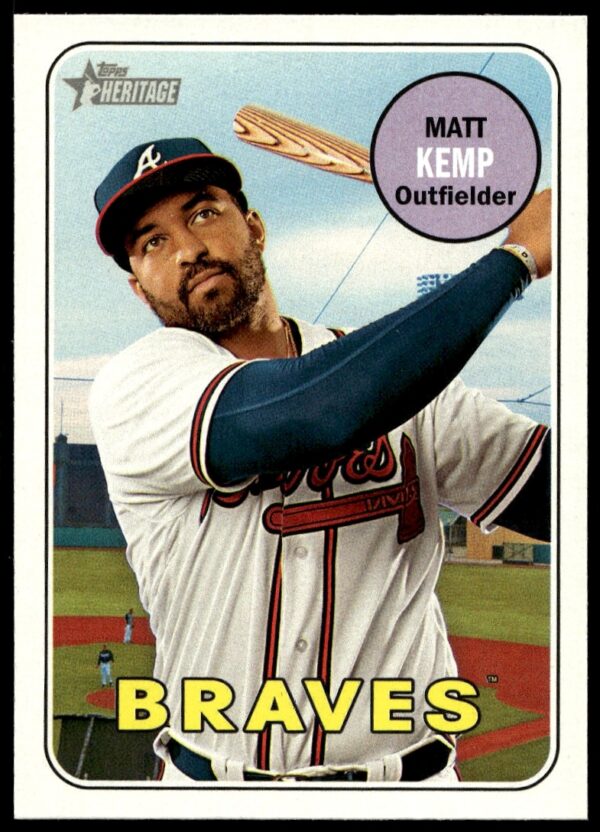 Matt Kemp 2018 Topps Heritage card #251 in Dodgers uniform, retro style.