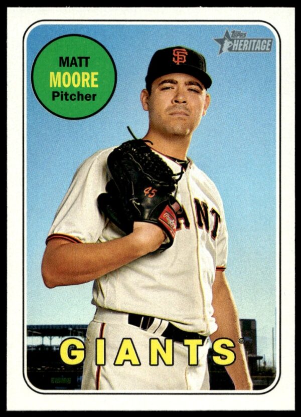 Front of 2018 Topps Heritage Baseball Card featuring Matt Moore, Texas Rangers pitcher.