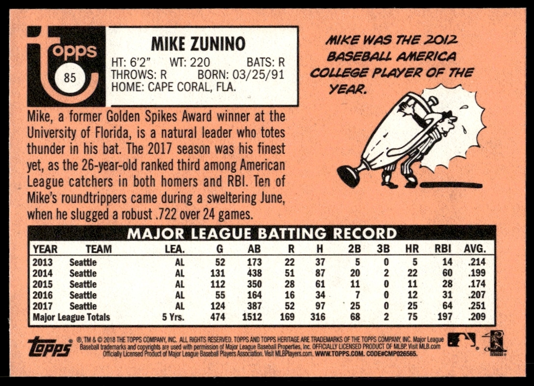 Mike Zunino 2018 Topps Heritage card back with stats and classic design.